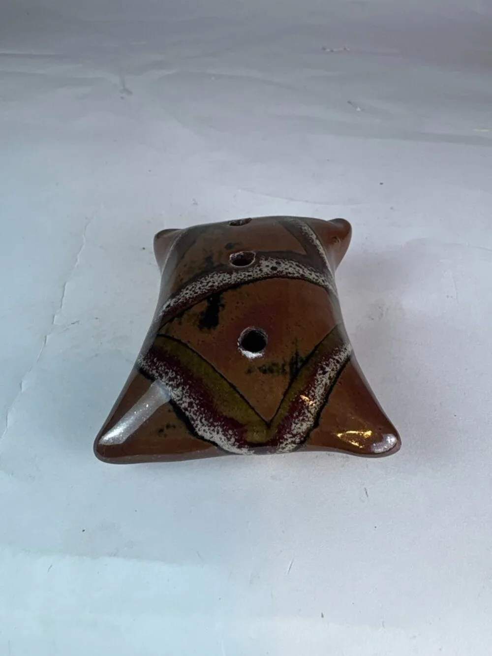 Vintage Studio Pottery Flower Frog Vase, Abstract Tree Design, Three Hole Ikeban